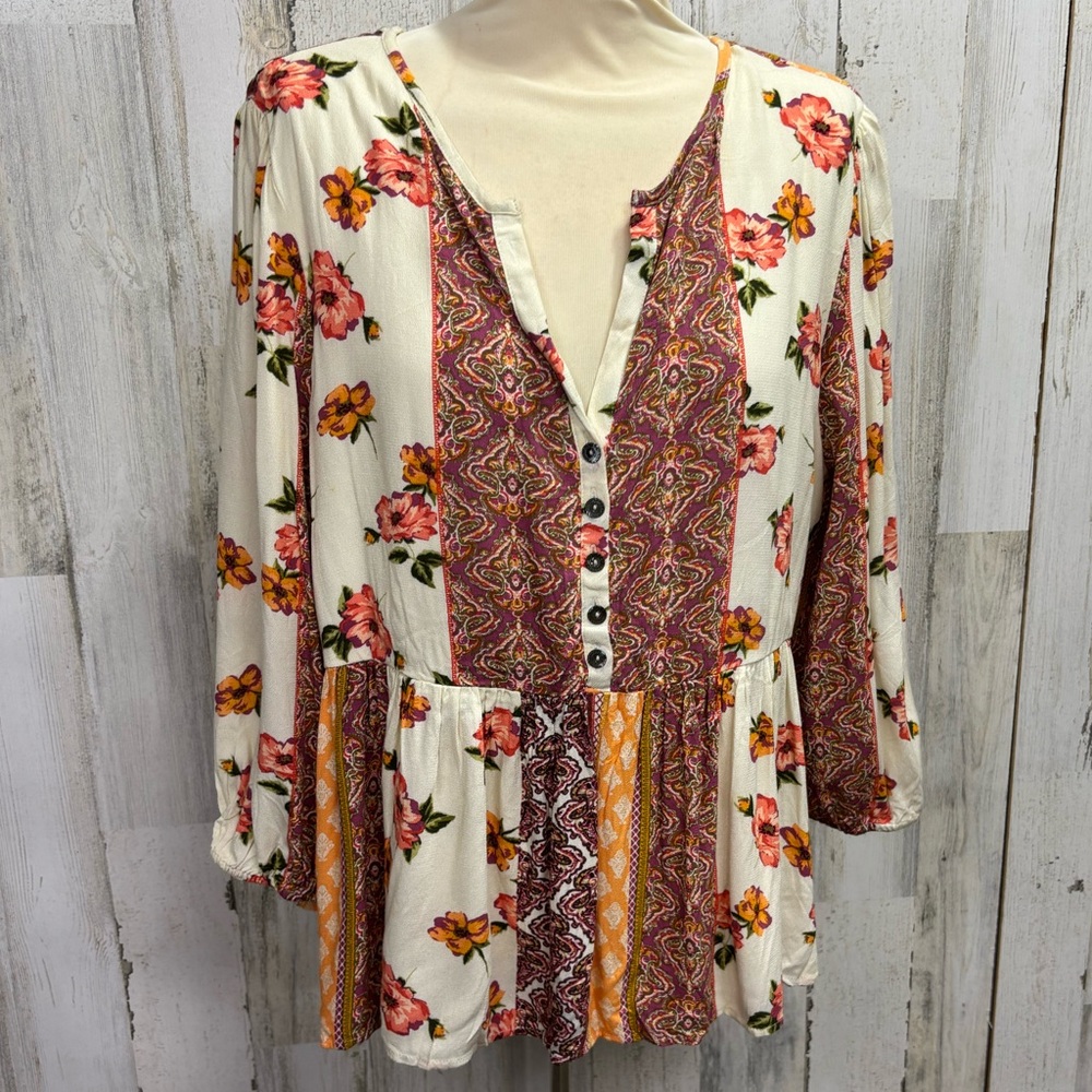 Blue Rain Cream Floral‎ Paisley Pattern Boho Button Blouse
